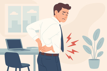 Office syndrome. Man suffering from back pain. Employee with backache health problem. Incorrect posture, injury from sitting. Medical healthcare concept. Flat vector illustration.