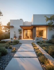 Modern home in serene environment with rich landscape. White, green painted house flat roof, large windows. Concrete walkway leads to entrance bordered by stone wall. Grand villa with stylish