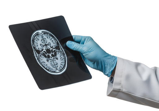 Medical professional examining brain mri scan, health care and neurology concept, isolated on transparent background, diagnostic imaging, doctor analysis