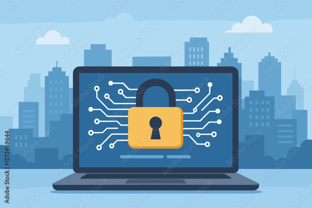 Poster cyber security concept with laptop and padlock on city background. personal data protection, informa