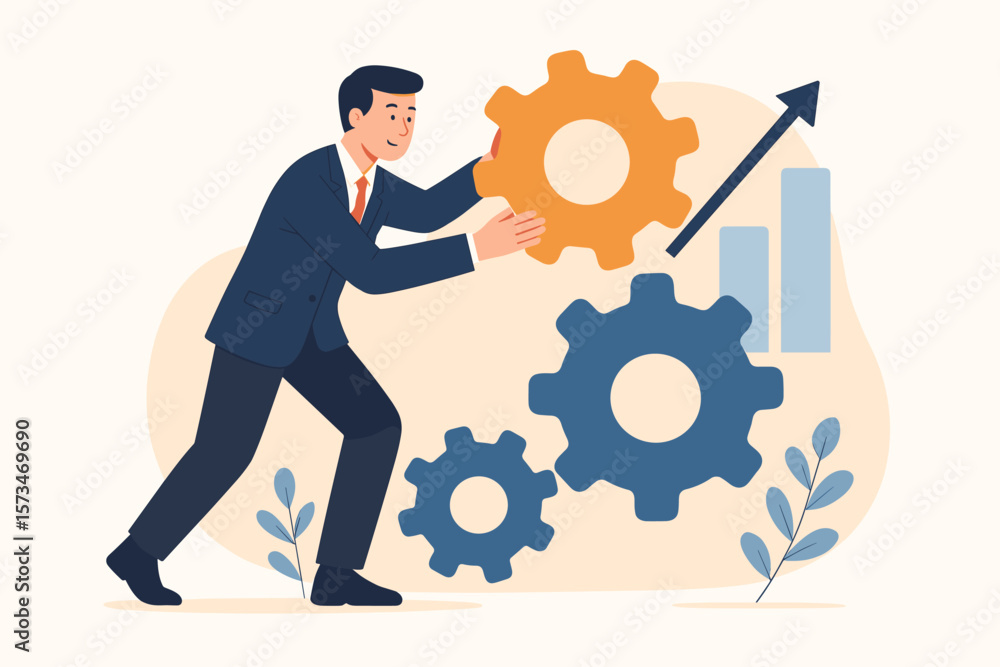 Poster process improvement metaphor. businessman adds gear to system. workflow optimization for efficiency,