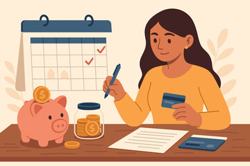 Monthly cost budget. Expense pay bill mortgage debt. Plan for savings investment. Money management credit card payment. Smart woman plans her financial future. Piggy bank.