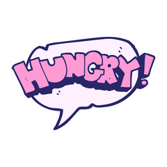 freehand drawn speech bubble cartoon hungry text in bright neon color