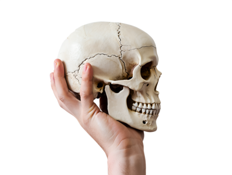 Human skull held in hand, anatomy study concept, bone structure for medical education