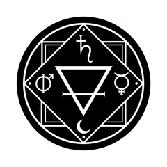 Round magic seal, geometric figures and alchemical symbols.