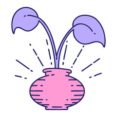 illustration of a traditional tattoo style houseplant in vase in bright neon color