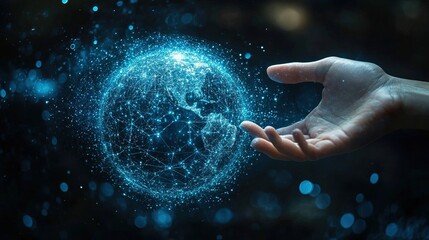A person's open hand gently cradles a glowing, digitally rendered globe overlaid with a network of lines and points against a blurred background of blue light, symbolizing connection.