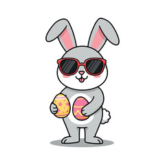 Fototapeta premium Cool cartoon bunny wearing sunglasses holding easter eggs – stock vector in colorful flat style