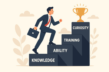 Skill development for career growth to success. Leadership ladder and job improvement. Experience and motivation to succeed concept. Businessman climbing stair of working life.