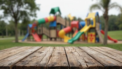 Serene playground scene with colorful play equipment and tree in background. Vibrant slides, swings, and climbing frames against blurred urban background. Lonely child plays alone in empty space.