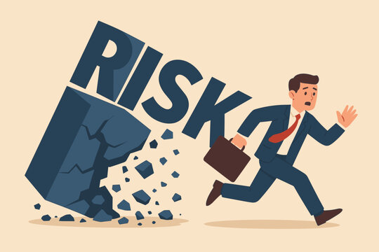 Risk averse businessman runs from danger. Investor avoids market uncertainty. Concept for investment fear, financial crisis, security, and stability. Metaphor for avoiding risk.