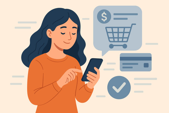 Woman using smartphone for online payment and shopping. E-commerce, mobile banking concept. Customer buying on internet store. Secure transaction. Flat vector illustration.