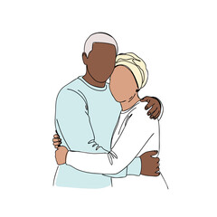 Loving African American couple embracing. Relationship, love, and support concept. Minimalist line art illustration for Valentine's Day cards, relationship counseling websites