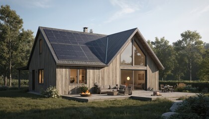 Two-story wooden eco friendly house with photovoltaic system on roof. Gray shingles, six windows on first floor, chimney. Wooden deck leads to second floor. Rich green plants surrounds house with