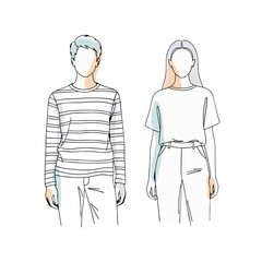 Faceless couple or friends standing together. Man and woman in casual outfits. Minimalist line art illustration for fashion, relationship blogs, or social concepts. With copy space.