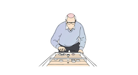 Senior man enjoying a game of shuffleboard. Illustration of active retirement and leisure activities for seniors. Concept for community center flyers, healthcare articles, or retirement planning blogs