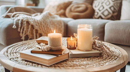 Cozy living room setting with candles books and a woven table in a warm and inviting atmosphere