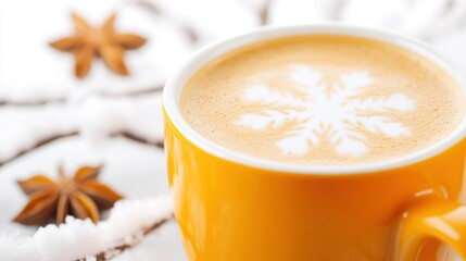 Warm coffee in a cozy cup with snowflakes and spices on winter day
