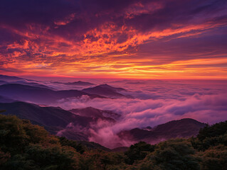 雲海と山並みに広がる幻想的な夕焼け空の美しい絶景風景