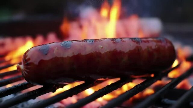 Sausage Sizzling On A Hot Charcoal Grill With Bright Flames