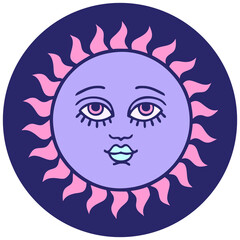 iconic tattoo style image of a sun with face in bright neon color