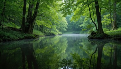 Serene forest scene with tranquil river as central focus. River reflects surrounding rich greenery. Dark green trees provide overhead canopy. Rocky shore with shrubs, small plants creates contrast