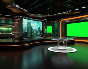 Modern TV studio set with circular screen. Dark background, white base plate, elegant minimalist design. Cityscape in background, urban life. Sleek, modern TV set with lcd display. Three-dimensional