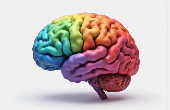 Rainbow gradient human brain illustration 3D rendering. Pink and blue colored brain anatomy design. Brain head art decoration. Vibrant colorful 3D model. Brain with balloons 3D rendering art.