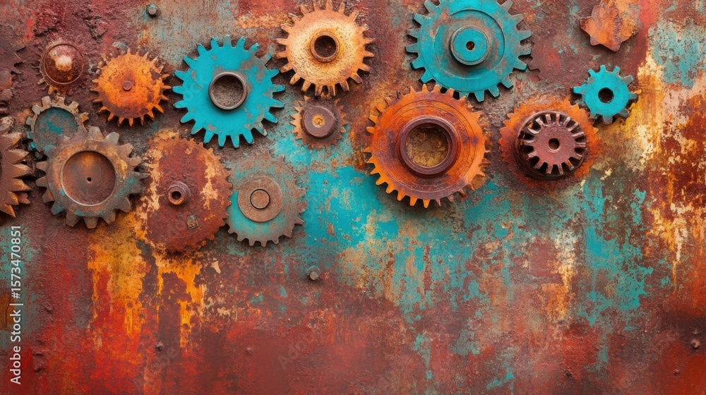 Aufkleber colorful gears create a unique artistic display on a rusted metal background