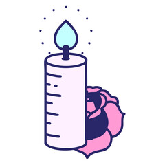 tattoo in traditional style of a candle and a rose in bright neon color