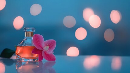 Elegant perfume bottle with orchid flower and soft bokeh background at dusk