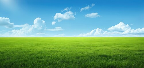 Fototapeta premium Vibrant green grass field under clear blue sky with scattered white clouds. Bright sunlight illuminates scene, warm glow on grass, dynamic landscape. Endless expanse of green fields, clean, bright
