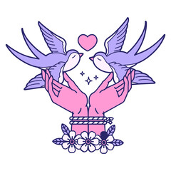 iconic tattoo style image of tied hands and swallows in bright neon color