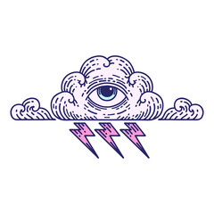 tattoo in traditional style of an all seeing eye cloud in bright neon color