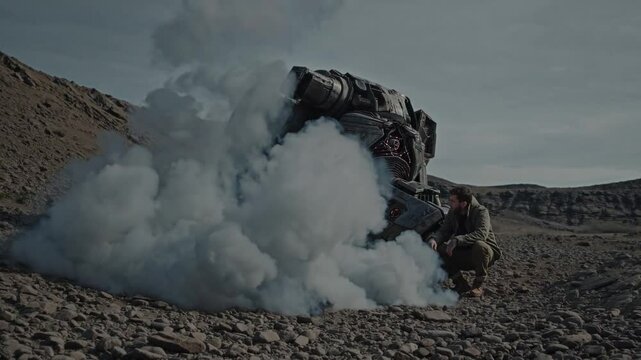  Robot effondr&eacute; dans un paysage d&eacute;sertique fumant