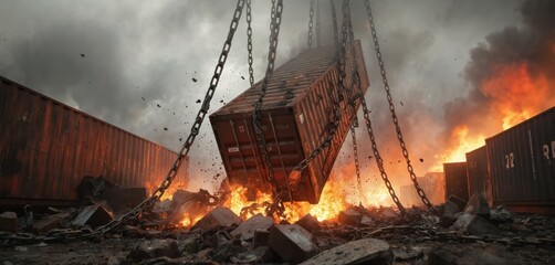 Large red cargo container breaking free from chain in massive explosion. Chain and container center stage against dramatic fiery backdrop. Red and black colors, fire and smoke, danger and urgency.