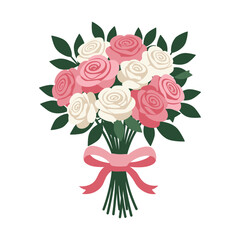 Fototapeta premium Elegant bouquet of pink and white roses with green leaves and bow – stock vector in colorful flat style