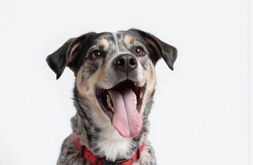 Gray and white dog with red collar on plain gray wall. Dog looks up at camera with tongue out. Playful energy and curiosity. Dog silver buckle and black nose stand out against dull background.