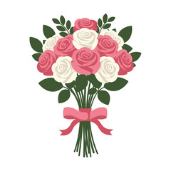 Fototapeta premium Elegant bouquet of pink and white roses with leaves and pink ribbon – stock vector in colorful flat style