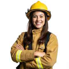 Fototapeta premium Female firefighter in professional uniform stands with crossed arms and smiling face on blank white background. She wears yellow helmet and jacket with badge that says FIRE. Long hair and direct gaze.