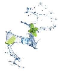 Refreshing Splash of Water With Lime, Mint Leaves, and Ice Cubes