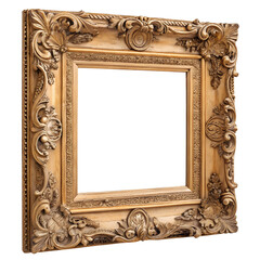 Obraz premium An ornate vintage picture frame with intricate carvings and a gold finish. The frame is empty, set against a black background.