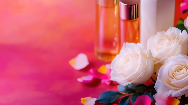 Elegant display of beauty products with white roses on a colorful background