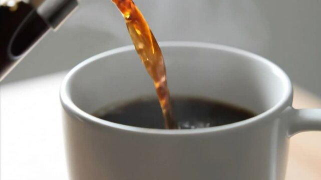 Video 4k pouring coffee cup drink morning beverage caffeine espresso hot aroma java fresh brew dark liquid mug