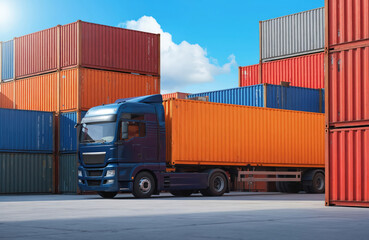 Large blue semi truck parked in shipping yard. Vibrant colored shipping containers surround truck in foreground. Multiple cranes visible in background, indicating large scale operations.