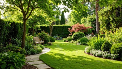 Lush garden with sunlit paths