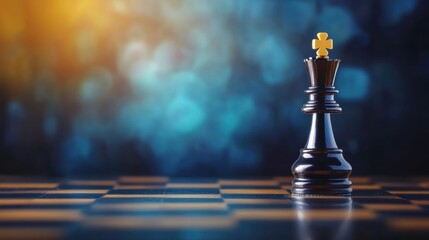 Chess king piece stands prominently on a chessboard with vibrant background