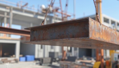 Steel beam lifted by crane in construction site. Industrial scene with metal, infrastructure, building project. Shiny metallic surface reflects sunlight. Heavy load lifted high in air.