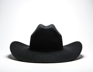 Black cowboy hat made of felt with wide brim and pointed front. Low-angle shot makes hat appear larger on white background. Classic headwear accessory for country western fashion style.