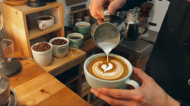 Video 4k latte art coffee tutorial: barista pouring milk for cappuccino design, coffee shop, cafe drink